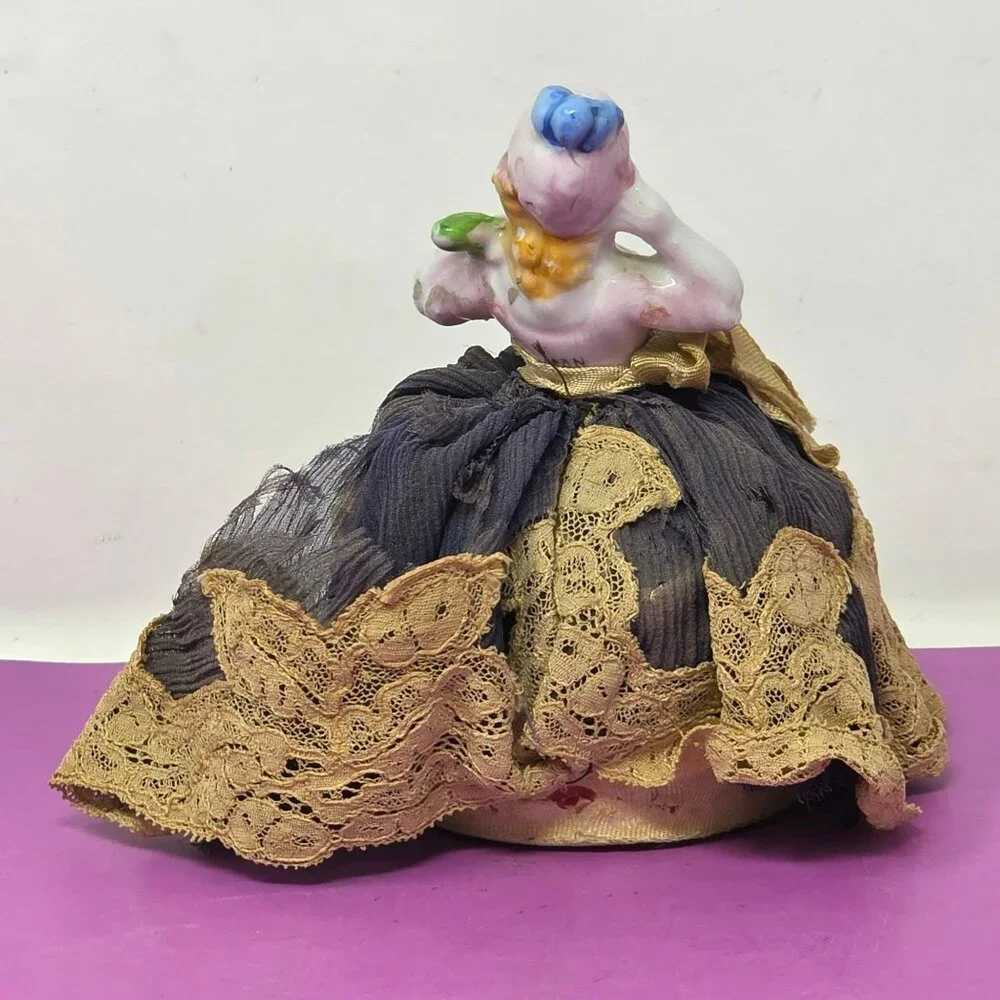 Vintage Porcelain Half Doll Pincushion With Lace‎ Skirt And Fabric Details